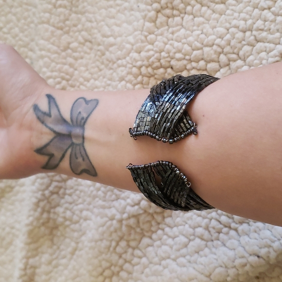 Blue Black Beaded Open Cuff Bracelet - Picture 4 of 4